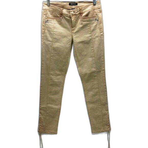 WHBM Tan Skinny Leg 6R Feel Beautiful Stretch Denim Pant XX Ankle Tie. Embellish - Picture 1 of 15